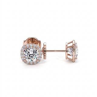 Boucles d'Oreilles Odéon Diamant Coussin, halo de diamants de laboratoire, or rose 18 carats — Maison Laveran Paris