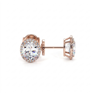 Boucles d'Oreilles Odéon Diamant Ovale, halo de diamants de laboratoire, or rose 18 carats — Maison Laveran Paris