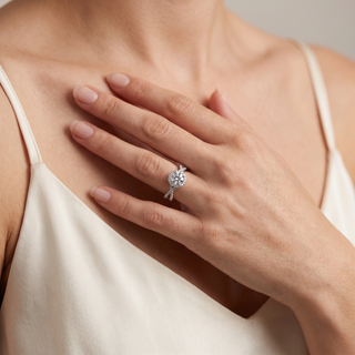 Bague Alma portée au doigt, or blanc 18 carats ou platine 950 — Maison Laveran Paris