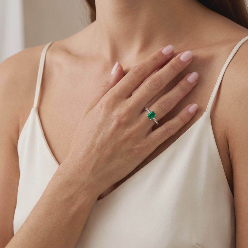Bague Vendôme Émeraude Synthétique Taille Émeraude portée au doigt, vidéo, modèle présenté en or blanc 18 carats — Maison Laveran Paris